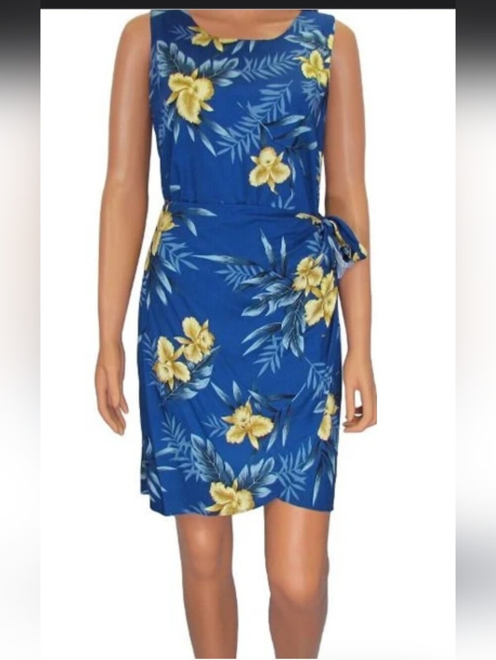 Two Palms Blue Floral Hawaiian Rayon Wrap Style Midi Dress Sz L Made in Hawaii